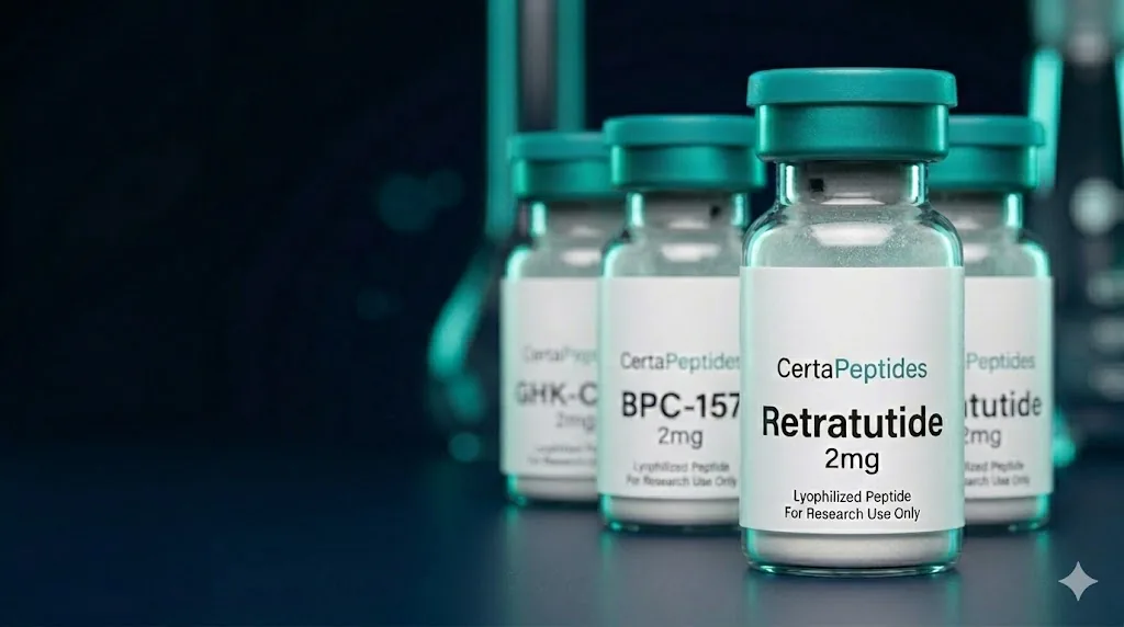 CertaPeptides research peptide vials — Retratutide, BPC-157, and GHK-Cu