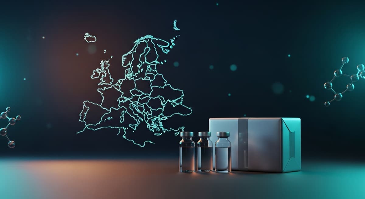 Research peptide vials and shipping parcel with a glowing map of Europe - CertaPeptides